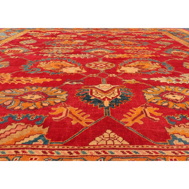 Tribal Traditional Design Antique Turkish Oushak Rug in Red, Blue and Marigold For Sale - Image 3 of 9