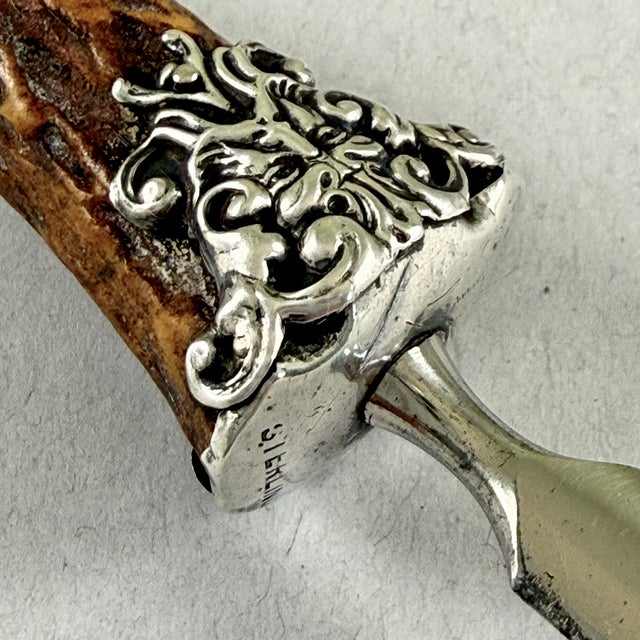 Metal English Stag Horn & Sterling Silver Green Man Face Letter Opener For Sale - Image 7 of 12