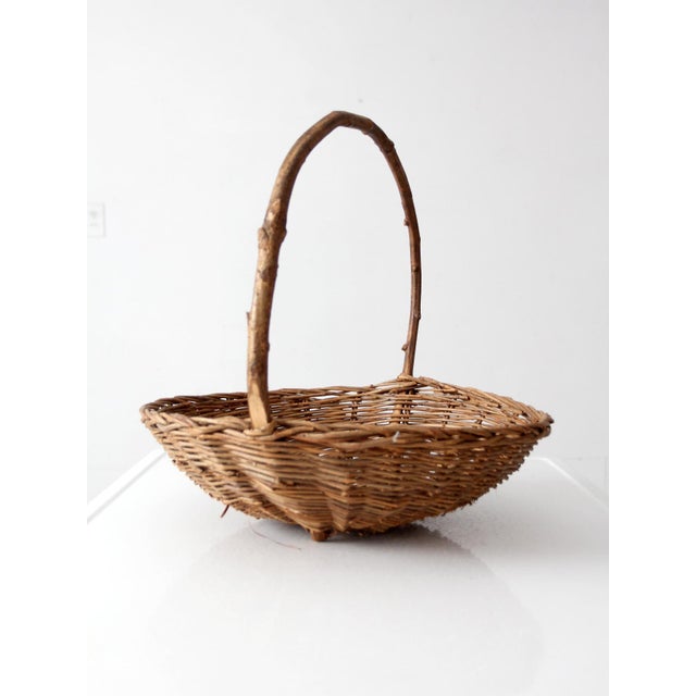 Farmhouse Antique Willow Gathering Basket With Branch Handle For Sale - Image 3 of 14