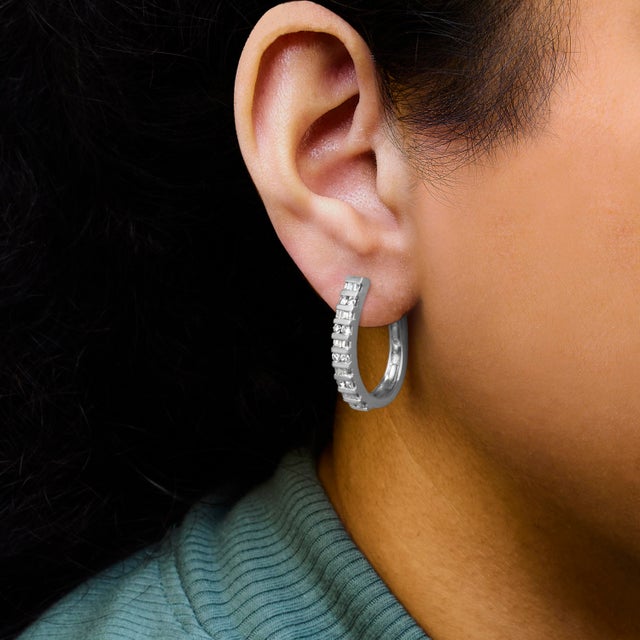 Early 21st Century 10K White Gold 1.0 Cttw Round and Baguette-Cut Diamond Hoop Earrings (I-J Color, I2-I3 Clarity) For Sale - Image 5 of 6