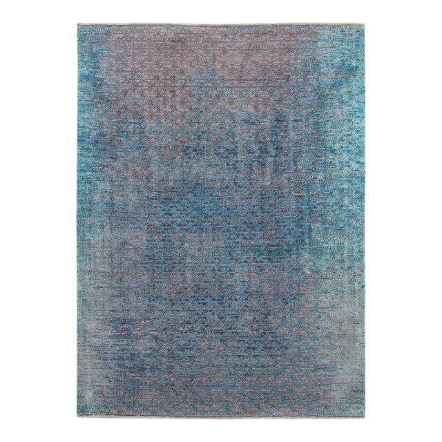 Rug & Kilim’s Distressed Contemporary Rug With Greek Key Lattice in Blue Hues For Sale