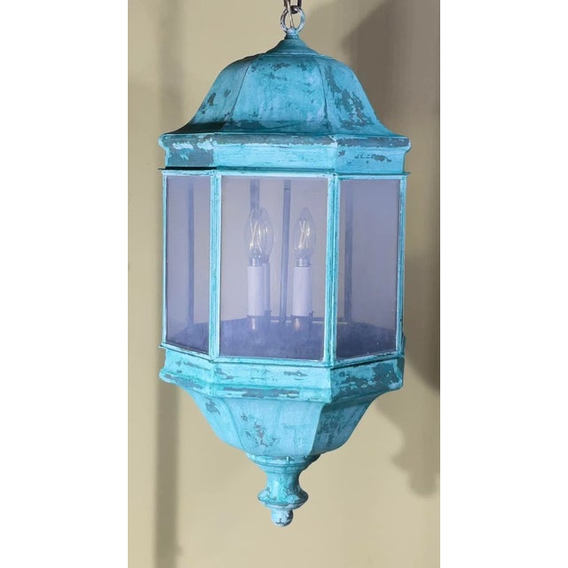 Vintage Solid Brass & Verdigris Patina Outdoor/Indoor Lantern For Sale - Image 4 of 16