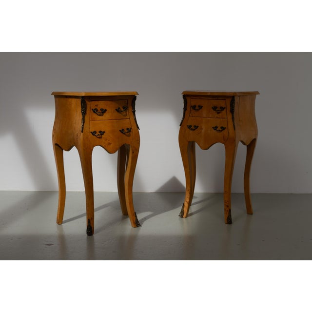 French Louis XV Style Birch Burl Night Stands, 1920s. Set of 2. Charming pair of bedside tables from France early 20th...