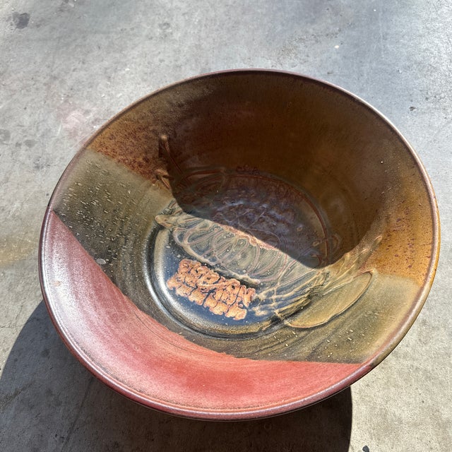 1970s Hand Made Earth Tone Large Pottery Decorative Bowl For Sale - Image 4 of 8