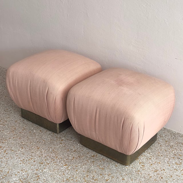 Mid-Century Modern Blush-Upholstered Brass-Based Soufflé Ottoman Poufs by Marge Carson Circa 1986 - A Pair For Sale - Image 3 of 12