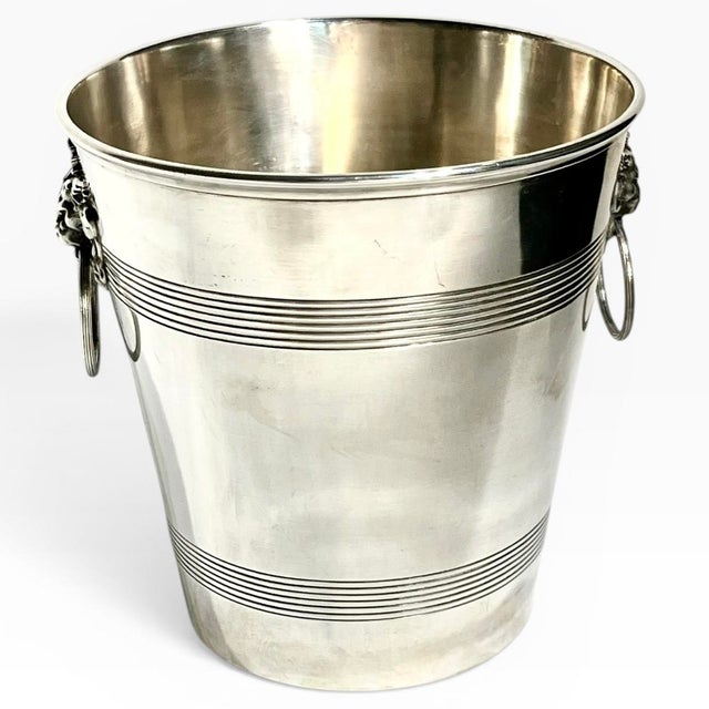 French Art Deco Silver Plate Champagne Bucket – L’Orfèvrerie Lion Head Ring Handles, Early 20th Century For Sale - Image 6 of 14
