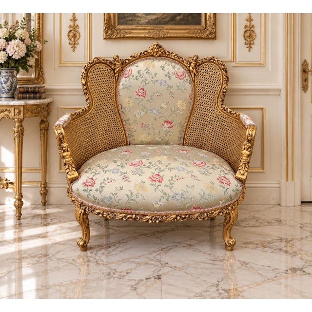 1960 French Artisan Louis XVI Gold Beech Damask Settee For Sale - Image 12 of 13