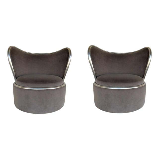 Caracole Modern Taupe Velvet Mariposa Swivel Chairs Pair For Sale