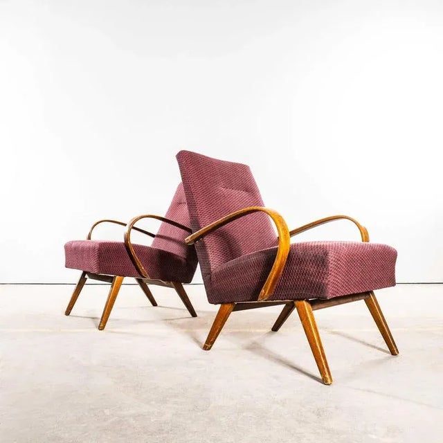 Armchairs with Geometric Aubergine Jacquard Sprung Seat by Jaroslav Šmídek, 1950s For Sale - Image 10 of 10