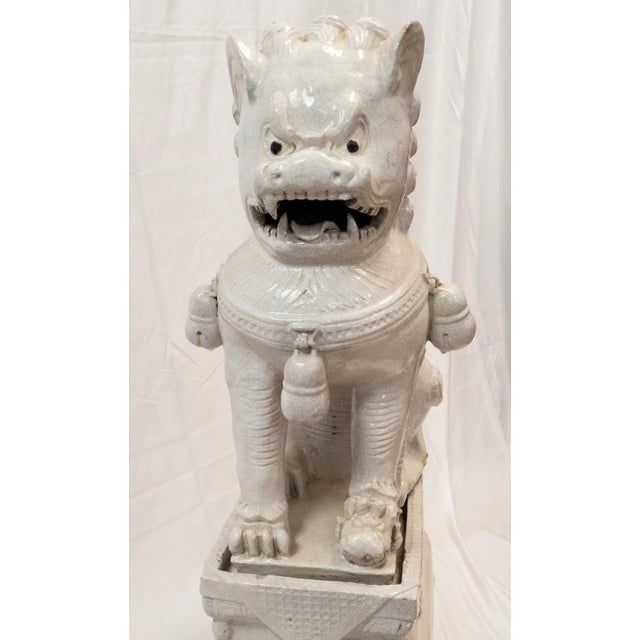 Large Garden Chinese White Ge-Type Crackle Glazed Foo Dog Lion For Sale In New York - Image 6 of 13