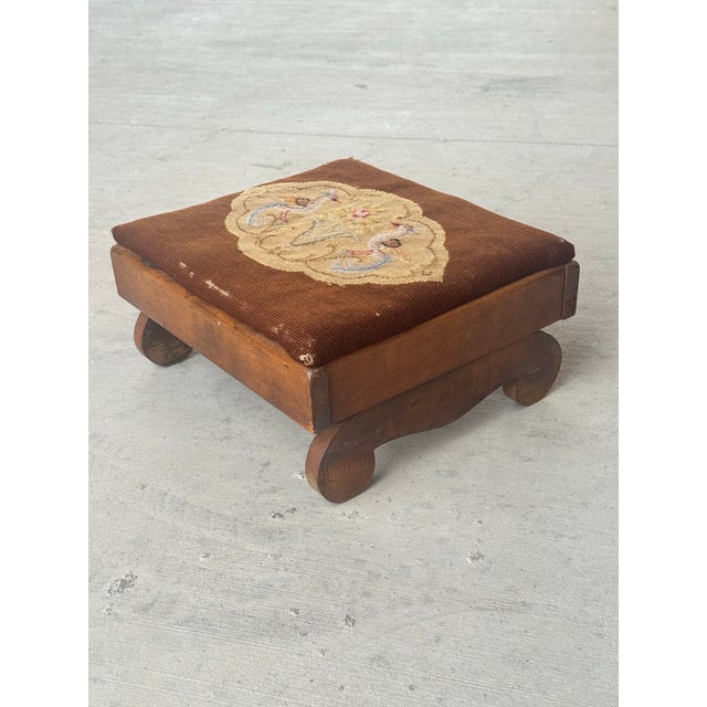 Early 20th Century Antique Needlepoint Low Footstool / Ottoman on Wooden Base For Sale - Image 5 of 7