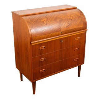 Mid Century Danish Modern Desk Rolltop Secretary Teak Wood Denmark Vintage Legs For Sale