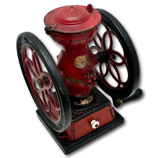 Rare Small 12.75 Inch Tall Antique Enterprise Philladelphia MFG Co. #2 Cast Iron Hand Crank Coffee Grinder in Excellent Original Paint. For Sale - Image 9 of 18