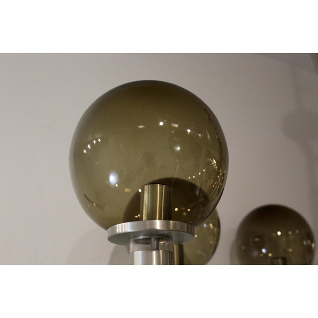 1970s Large Mid Century Modern Smoked Glass & Metal & Walnut Chandelier in Sonneman Style For Sale - Image 4 of 7