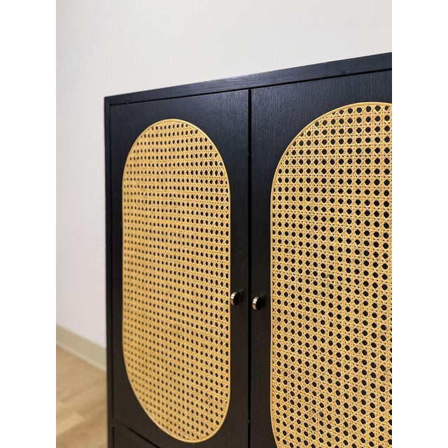 Bobby Berk Modern Black Tallboy Cabinet, Beige Oval Cane Inlay MCM Style For Sale - Image 4 of 12