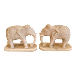 Hand-Carved Marble Elephant Pair, Sculptural Entryway Accents, India, 2010s For Sale