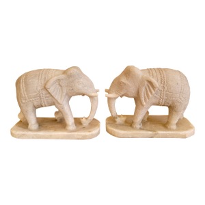 Hand-Carved Marble Elephant Pair, Sculptural Entryway Accents, India, 2010s
