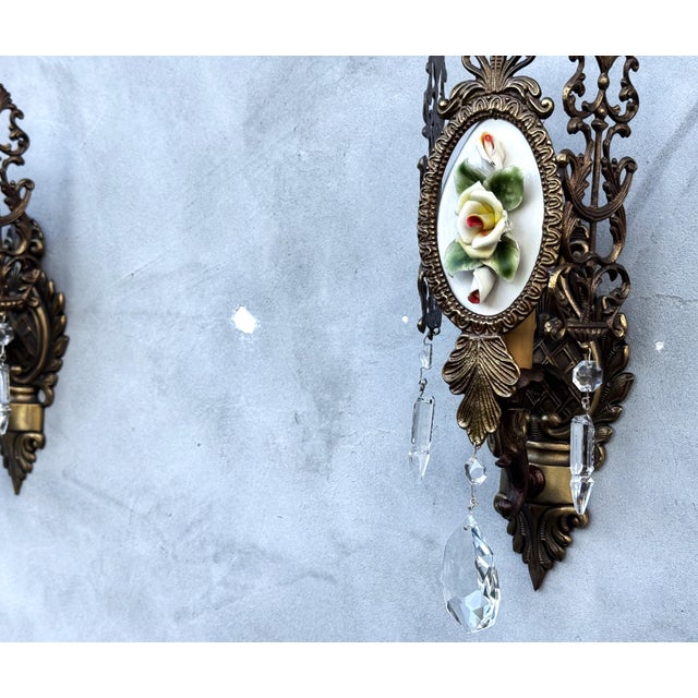 Gold Italian Brass Wall Sconces with Porcelain Roses and Crystal Drops, 1950s, 1920s, Set of 2 For Sale - Image 8 of 16