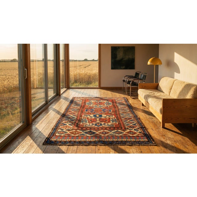 1880s Red Geometric Tribal Antique Caucasian Kazak Rug 4'7"x 6'6" Knotted Wool Carpet For Sale - Image 12 of 12
