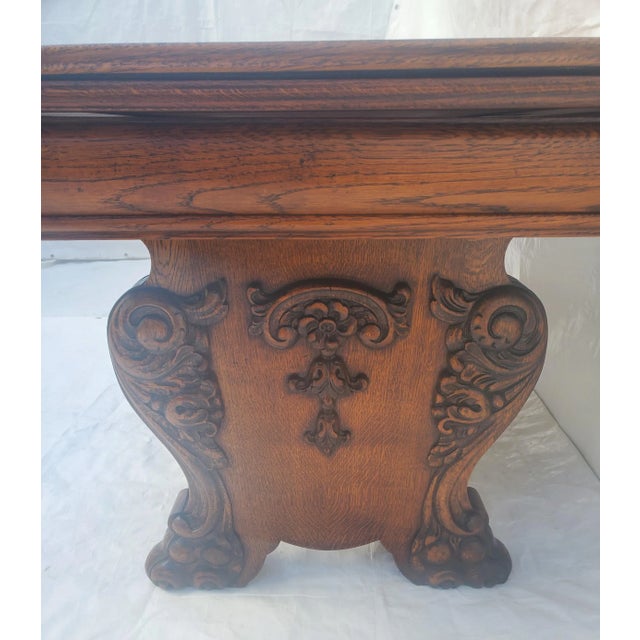 1920s Antique Chippendale Ornately Carved Oak Draw Leaf Table & 6 Dining Chairs Set For Sale - Image 12 of 13