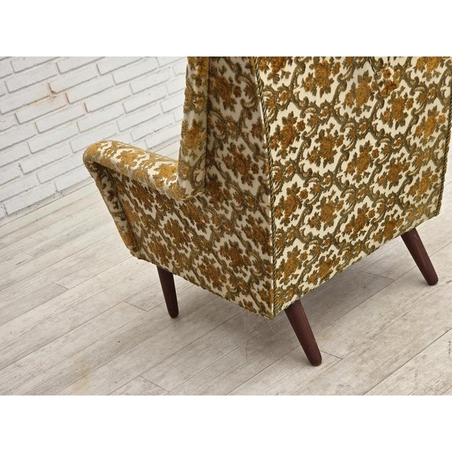 Danish Highback Armchair in Brown/Beige Furniture Fabric and Teak Wood, 1970s For Sale - Image 13 of 17