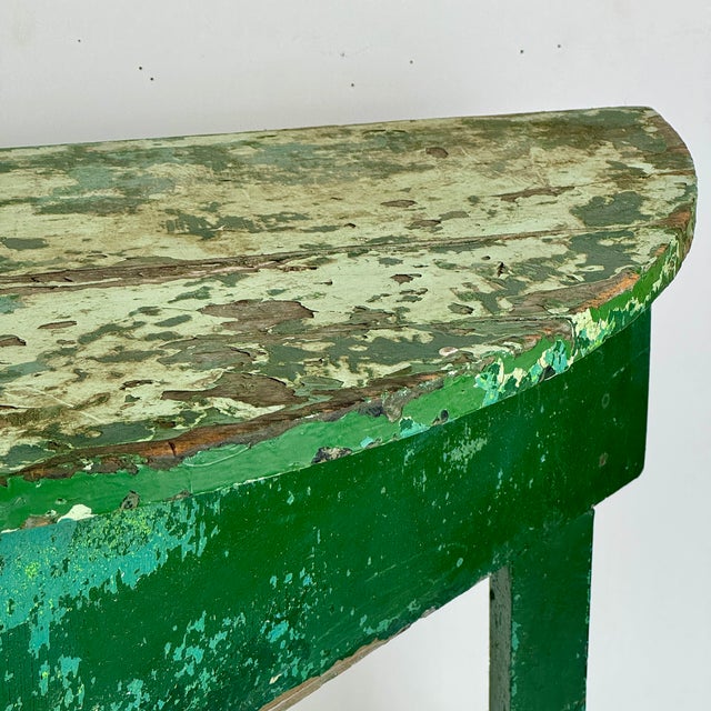 Early 20th Century Demilune Shaped Hand Constructed Wooden Accent Table in Naturally Distressed Avocado Green For Sale In New York - Image 6 of 13