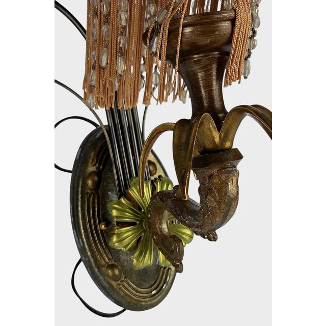 1970s Hollywood Regency Italian Gilt Torchère Wall Sconces With Beaded Fringe Shades - a Pair For Sale In Chicago - Image 6 of 11