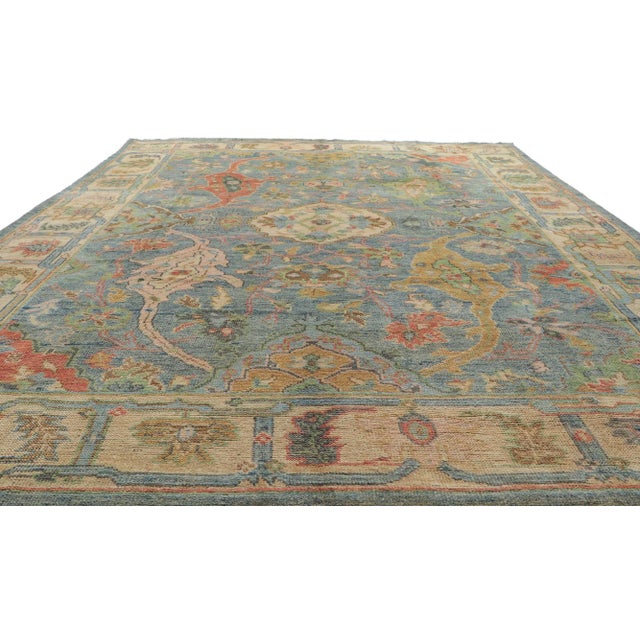 Modern Vintage Blue Colorful Oushak Rug - 9'00 X 11'10 For Sale - Image 3 of 11