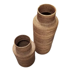 1970s Restored Gabriella Crespi Style Reed Rattan Wicker Decorative Vases- Set of 2