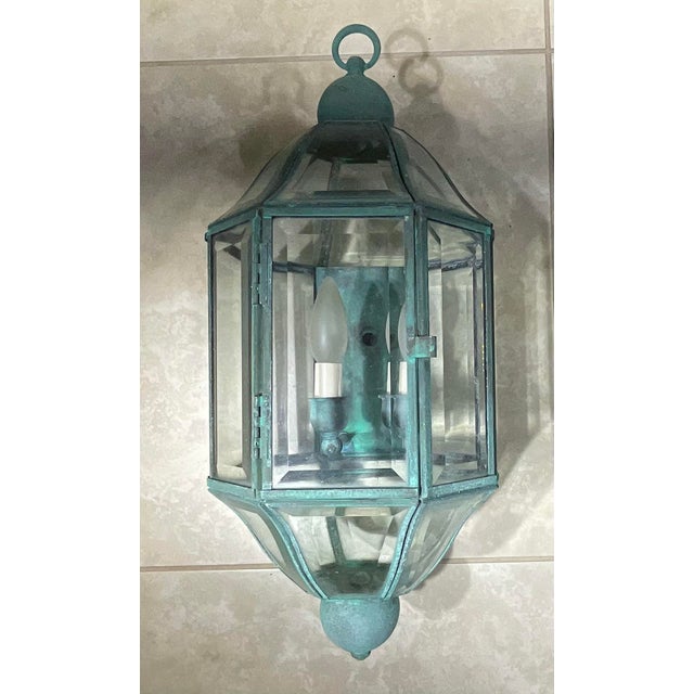 Pair of Vintage Solid Brass & Beveled Glass Wall Lantern - Sconces - Verdigris For Sale In Miami - Image 6 of 17
