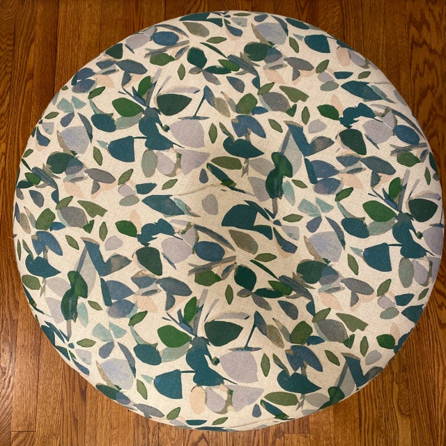 Modern Round Ottoman Upholstered in Imogen Heath For Sale - Image 3 of 8