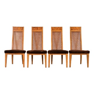 Milo Baughman Style Mid-Century Modern Burl Wood and Cane High Back Dining Chairs by Lane, Set of Four For Sale
