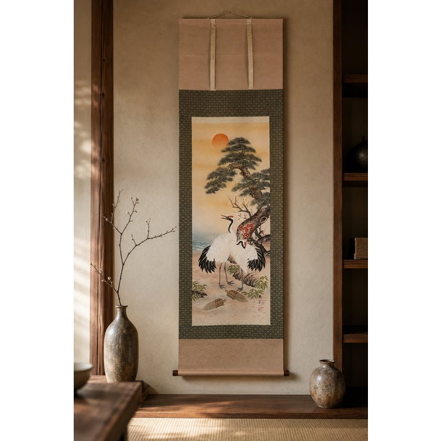 Wood Vintage Japanese Kakejiku Hanging Scroll With Cranes, Turtles, Pine and Plum Blossoms For Sale - Image 7 of 8