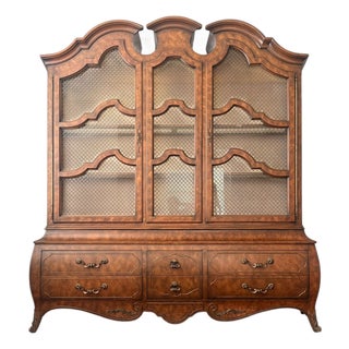 1970s Monumental Mastercraft Burl Wood & Brass Lattice China Cabinet Vitrine For Sale