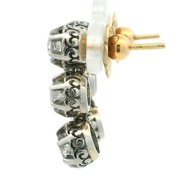 Platinum Vintage Platinum and 14k Gold 2 Carat Diamond Drop Earrings Circa 1950s, A Pair For Sale - Image 8 of 15