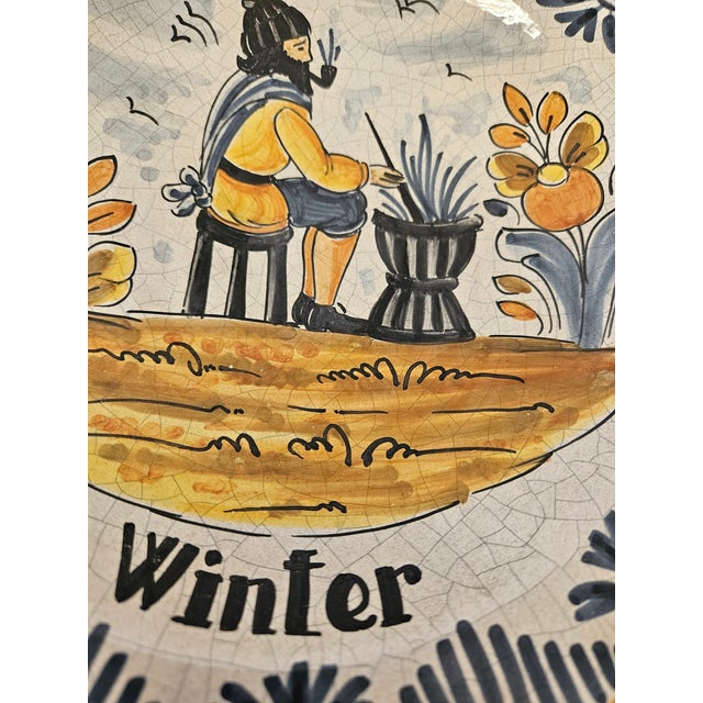 Rustic European Charming 1940s Majolica Wall Plates of the Four Seasons Signed Marife - Set of 4 For Sale - Image 3 of 6