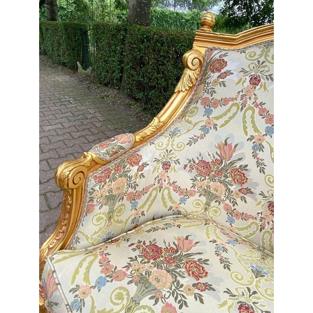 Late 20c Handcrafted Louis XVI Gold Beech Silk Cotton Settee For Sale - Image 4 of 11