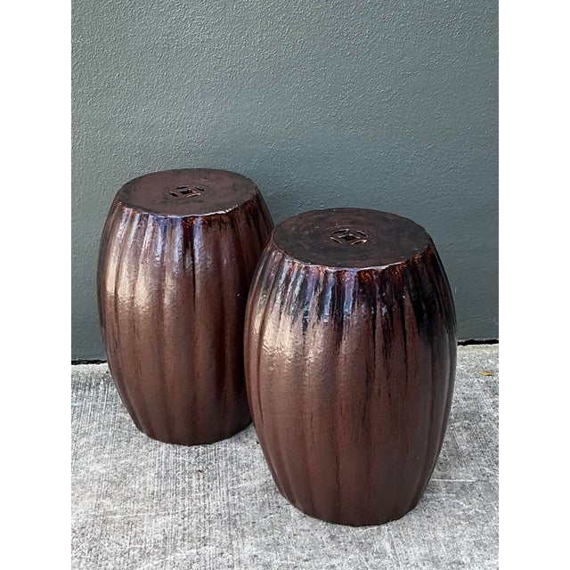 Mid-Century Modern Vintage Glazed Ceramic Glazed Low Stools - A Pair For Sale - Image 3 of 12