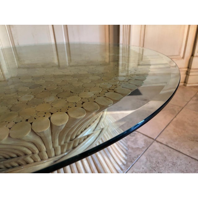 Very nice bamboo coffee table, unmarked but attributed to McGuire. Glass top overhangs base by 3". Glass is 1/2" thick,...