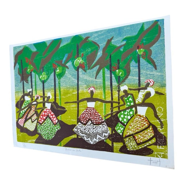 An original hand-pulled color woodblock print titled “Bahia em Festa” (“Bahia in Celebration”) by Brazilian artist Hannah...