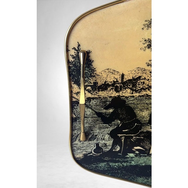 Italian Decorative Tray With Brass Handles and Pastoral Scene For Sale - Image 10 of 18