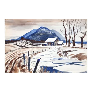 1960s "Winter Farm Landscape P3.30" Watercolor Painting by Eve Nethercott