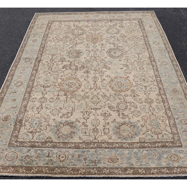 Textile Sand Color Tabriz Style Rug With Soft Blue Border by Keivan Woven Arts 6'3 X8'11 For Sale - Image 7 of 15