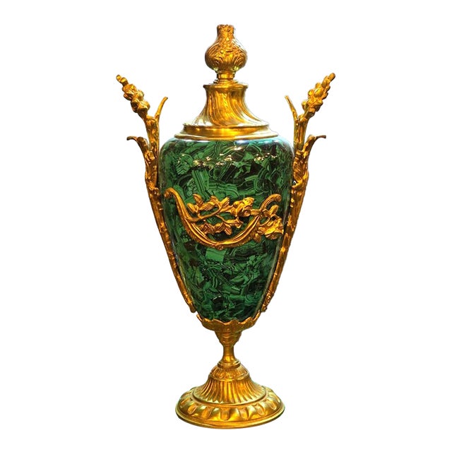 French Style Green Porcelain Vase With Gold Leaf & Bronze Accents – Marbleized Decorative Vase For Sale