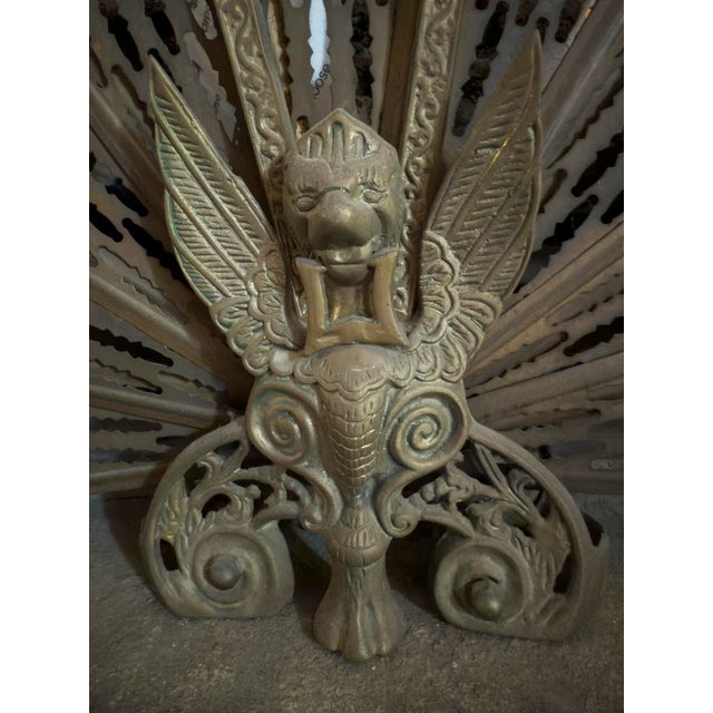 Antique Brass Peacock Folding Fan Fireplace Screen For Sale - Image 4 of 10
