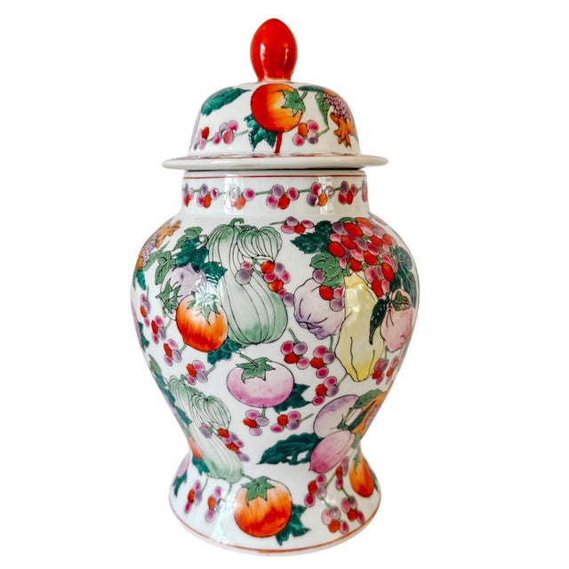 1970s Vintage 1970s Chinese Export Porcelain Fruit Motif Temple Jars - Pair For Sale - Image 5 of 13