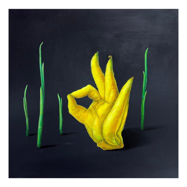Natasha Lelenco, Organic Hand Gesture with Citrus Form and Digital Symbolism, 2026, Acrylic on Panel For Sale