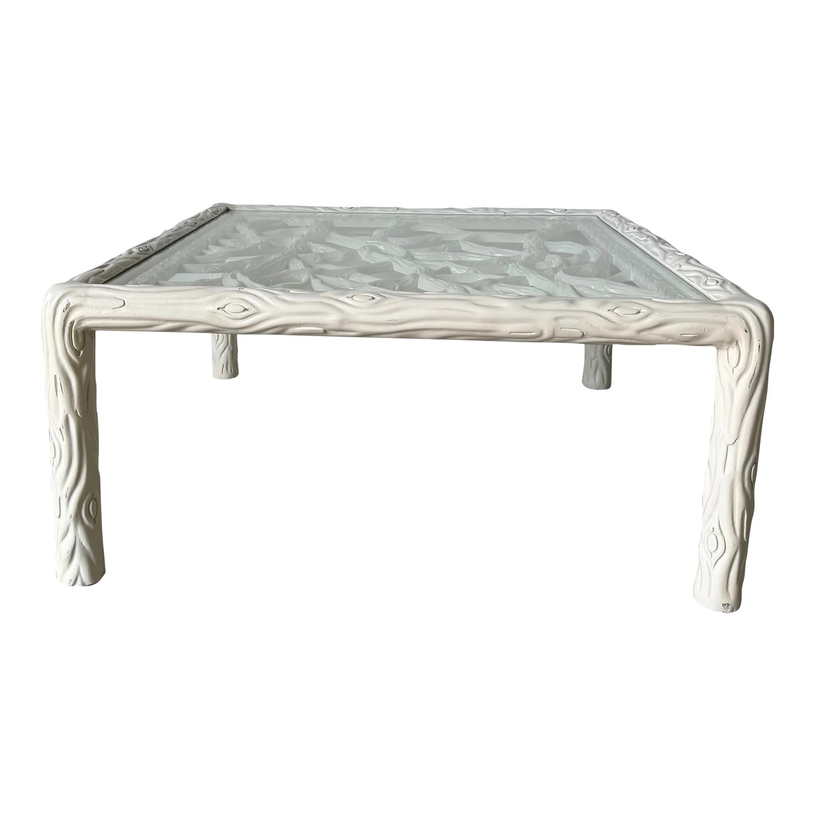 Hollywood Regency Faux Bois Carved Wood White Lacquer Coffee Table