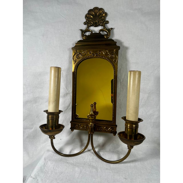 Vintage Brass Double Arm Hardwired Wall Sconce With Mirror For Sale - Image 9 of 9