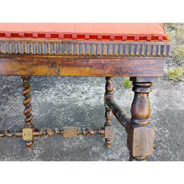 Wood French Barley Twist Oak Bench | Antique Upholstered Entryway Seating For Sale - Image 7 of 10
